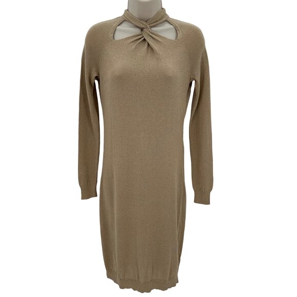 NWT Michael Kors Womens Khaki Twist Neck Long Sleeve Sweater Knit Dress  P/2 - Picture 1 of 16